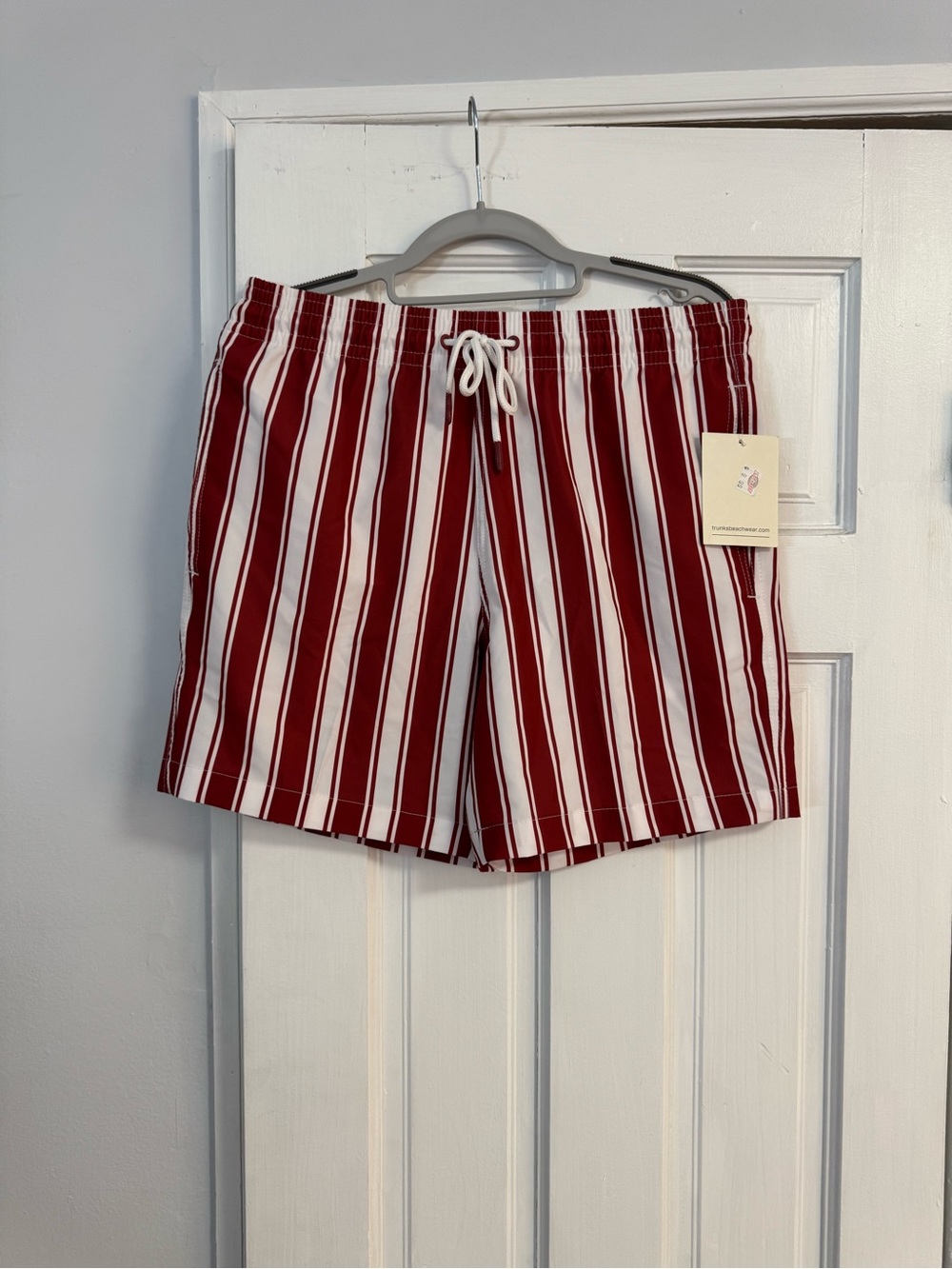Trunks Red & White Striped Swim Shorts with Palm Logo